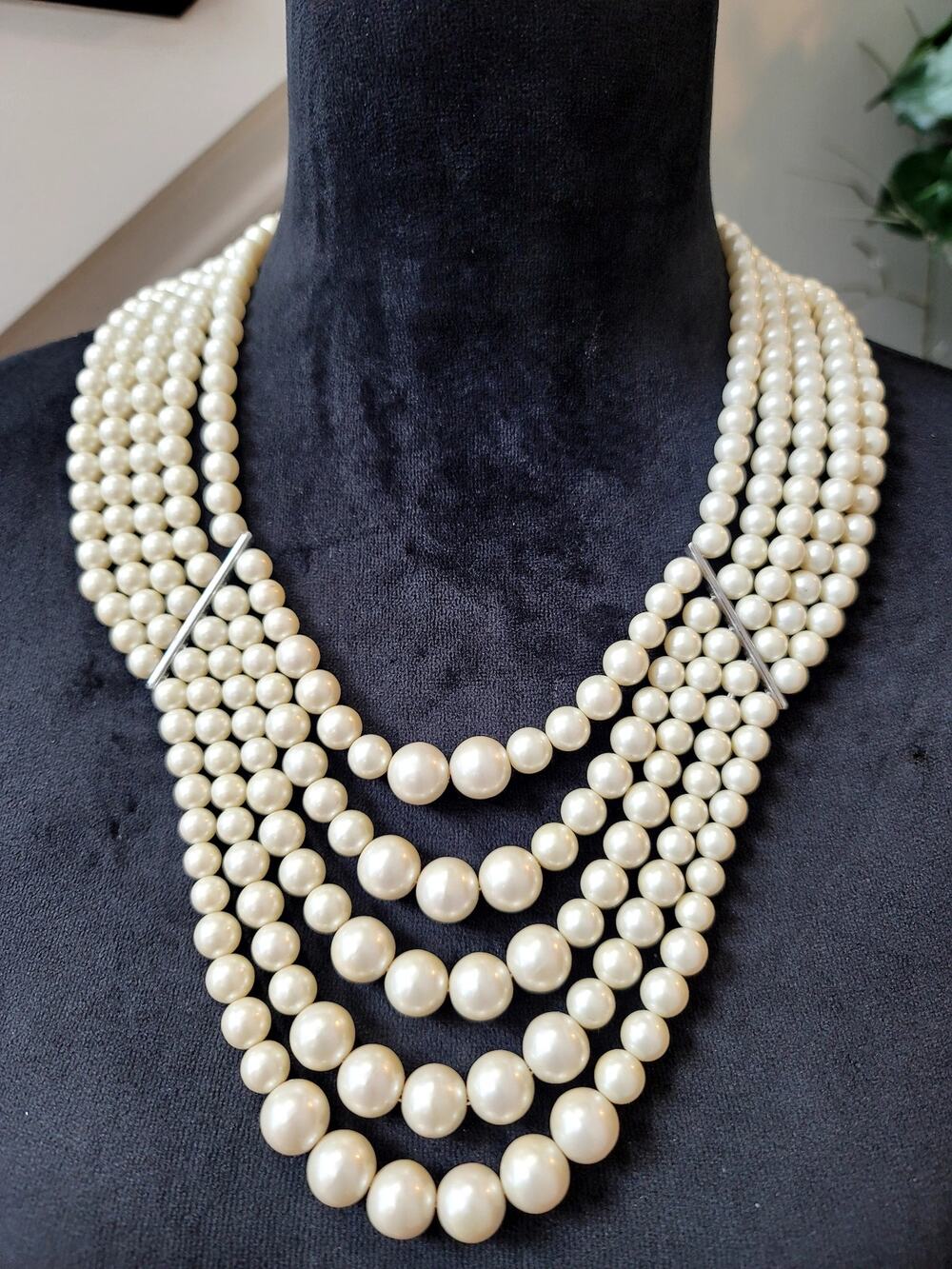 Vintage Faux Pearl Multi Strand Statement Necklace Layered Bib Wedding Formal